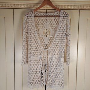 Women's Crochet Cardigan Cream Coverup Tunic Length Tie Front